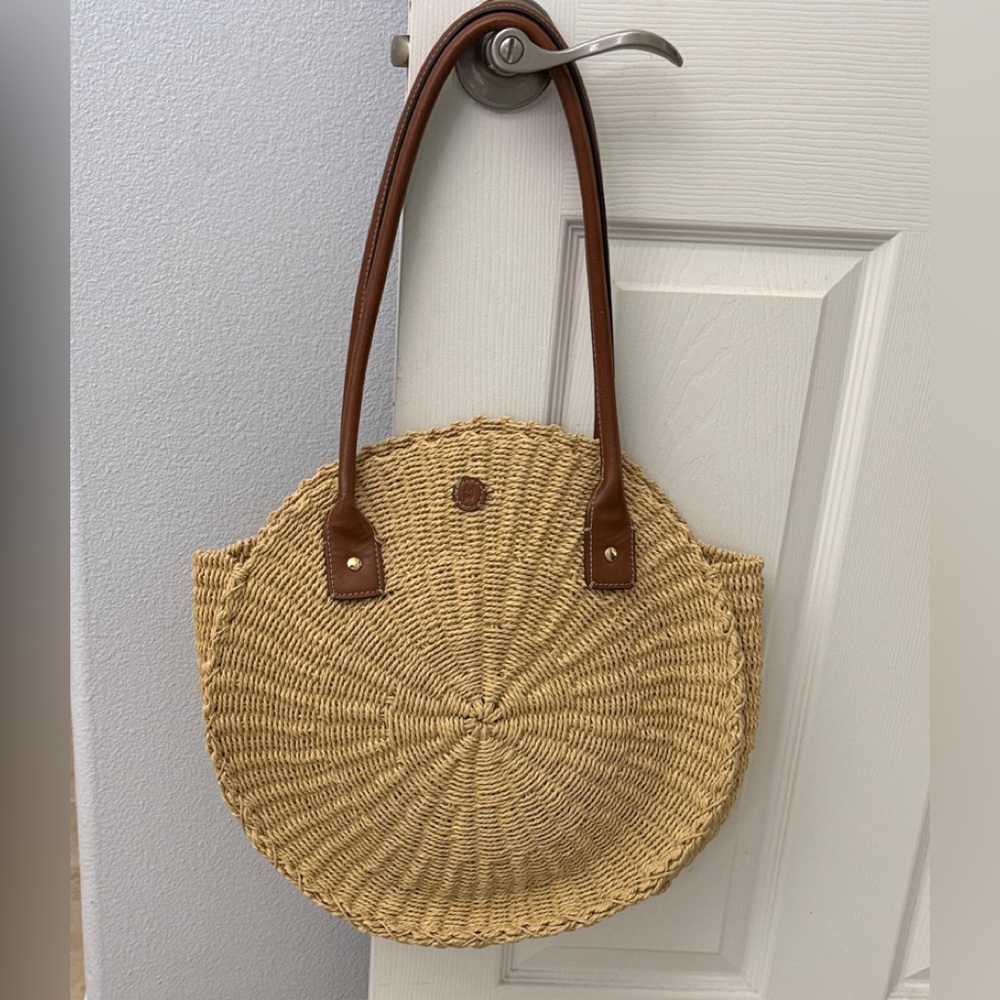 Michele Round Woven Straw Tote with Brown Leather Straps